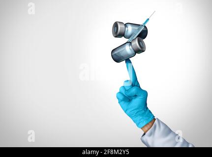 Medizinisches Behandlungsmanagement und Krankheitsvorbeugung als Arzt oder Mitarbeiter im Gesundheitswesen, der Flaschen mit Virusimpfstoff und Spritze im Besitz hat. Stockfoto