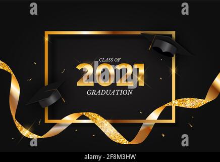 Abschlussklasse von 2021 mit Abschlusskappe Hut und Konfetti und goldenem Band. Vektorgrafik Stock Vektor