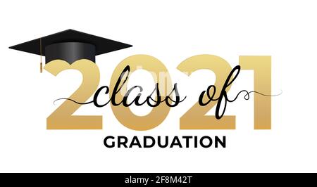 Graduation Condratulations Klasse von 2021 mit Graduation Cap Hut. Vektorgrafik Stock Vektor