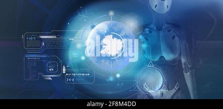 Alien arbeitet mit Daten im Mars-Orbit. 3D-Rendering Stockfoto