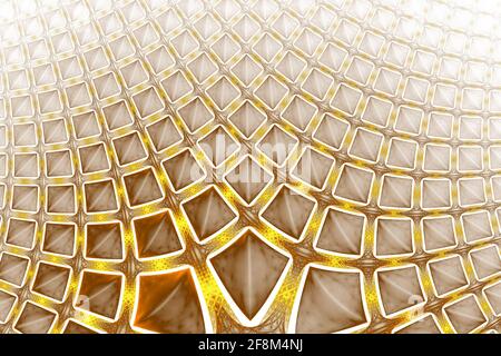 Abstrakte geometrische Textur mit goldenen Rechtecken auf schwarzem Hintergrund. Fantasy sechseckiges Fraktal-Design. Digitale Kunst 3D-Rendering Stockfoto