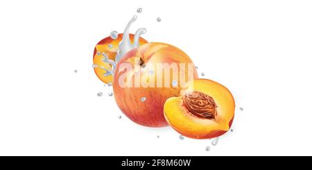 Pfirsiche in Spritzern von Milch oder Joghurt. Stockfoto