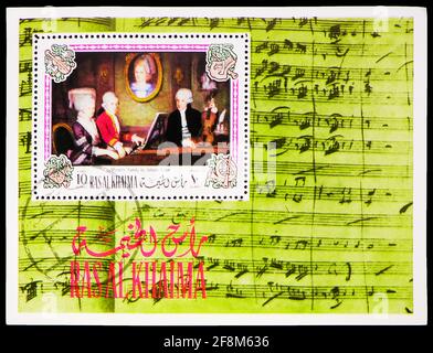 MOSKAU, RUSSLAND - 5. OKTOBER 2019: Die in Ras al Khaimah gedruckte Briefmarke zeigt Block: Mozarts Familie, Serie, um 1972 Stockfoto