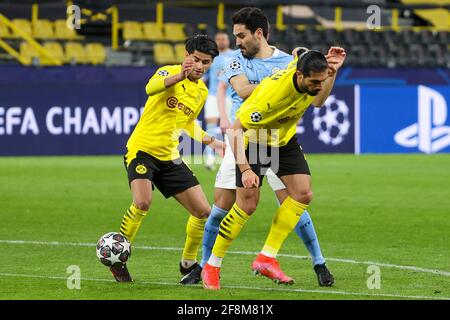 DORTMUND, DEUTSCHLAND - 14. APRIL: Mahmoud Dahoud von Borussia Dortmund, Ilkay Gundogan von Manchester City und Emre Can von Borussia Dortmund während der UEFA Stockfoto