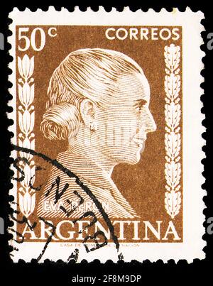 MOSKAU, RUSSLAND - 30. SEPTEMBER 2019: Die in Argentinien gedruckte Briefmarke zeigt Eva Perón, 50 ¢ - Argentine Centavo, Serie, um 1952 Stockfoto