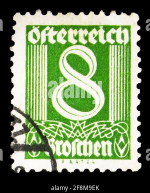 MOSKAU, RUSSLAND - 30. SEPTEMBER 2019: In Österreich gedruckte Briefmarke zeigt Zahlen, Zahlenreihe, um 1925 Stockfoto