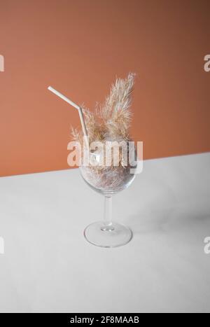 Pampas Gras Cocktail in einem Glas mit einem Stroh aus Pampastiel. Minimale abstrakte Komposition Hintergrund. Japanische Inneneinrichtung. Erfrischungsidee. Stockfoto