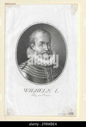 Wilhelm I., Fürst von Oranien, Graf von Nassau Chest, zur Hälfte rechts; Barhaupt, mit Schnurrbart, kurz fest; Schneidevorrichtung; Im Urin mit dekorativen Streifen auf den Schulterstücken; im Oval, mit ovaler Rahmenlinie, vom Namen gebrochen. Kupferstich von Johann Gottfried Schmidt, Dresden 1801. Down German Legend. Stockfoto