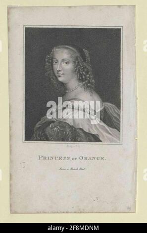 Maria Stuart, Prinzessin von England Breaststuck, Kopf halb links, Körper seitlich von links, Rücken in schräger Ansicht; das Haar mit seitlichen Locken und lockigen vorderen Ausfransen, nach hinten gestreamt, hinten mit Perlenkette umgeben; Perlenohren und Halskette; im Dekolleté-Kleid; Montage der Dekorkette über dem Mantel um die nach links zeiende Schulter; am unteren Rand des Bildes in der Mitte von Lat. Beschreibung, einschließlich Englisch. Legende und Originalnotiz. Stich von E. Bocquet nach einem Franzosen Punkt. Drucken. Stockfoto