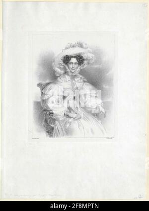 Henriette, Prinzessin von Nassau-Weilburg Knieschiene, von rechts ins Gesicht; mit Locken an den Schläfen; in Heller Gala: Das aufrichtige, helle Kleid mit Spitzenfutter an der Schulter, Unterarm, schmal absperrende Taille; der breite, mit Rüschen am Kinn gesprenkelte Hut; Helles Tüchlein rechts auf dem Schoß, linker Arm auf der Armlehne. In filigraner, rechteckiger Linienrahmung. Lithographie von Robert Ther zu Gemälden von Johann Ender. Auf Chinapierier. Siehe auf beiden Seiten am Rand des Bildschirms unten. Ohne Legende. Stockfoto
