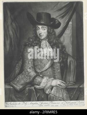 Wilhelm III., Prinz von Orania, König von England als König: Halbfigur hinter dem Brett, von links im Gesicht; einen Hut mit gebogenem Rand und zwei Agrasen auf der allon Perücke tragen; mit Spitzenküche; in mit floralem Dekor reich besticktem Felsen ('Vestu Commodo'); Ordensband des Hosenbands um die linke Schulter, der aufgehängte Likör rechts und das religiöse Heck auf der linken Brustseite pro Hälfte sichtbar; die Rechte am Handschuh mit davor stehenden Kantenhalterungen auf dem Brett; Draperie im Hintergrund mit einer Ansicht eines Pilasters; darunter die Darstellung des einzeiligen Lateinischen. Legende, unterordentlich Stockfoto