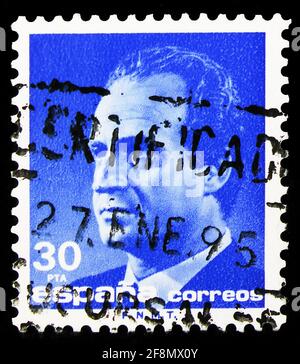 MOSKAU, RUSSLAND - 30. SEPTEMBER 2019: In Spanien gedruckte Briefmarke zeigt König Juan Carlos I, (1985-1992) Serie, um 1987 Stockfoto