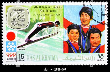 MOSKAU, RUSSLAND - 4. OKTOBER 2019: Briefmarke in Ras Al Khaimah zeigt Yukio Kasaya (MOSKAU, RUSSLAND - 4. OKTOBER 2019: Briefmarke gedruckt Stockfoto