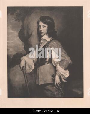 Wilhelm III., Prinz von Orania, Graf von Nassau, König des Vereinigten Königreichs, Junge Bild: Kniestück vor einem Felsen stehend, 3/4 von links; mit glatten Staffelchelen und Kragenabfragen; Brustgurt über hüftlangem wams mit Schlitz-Ärmeln, inklusive hellen Hemdärmeln mit breiten Manschetten; Um die gegenüberliegende linke Schulter ein religiöser Gurt; stützte den rechten Unterarm auf einem Felsblock, Kommandozeile in der rechten Halterung; links auf dem Degen auf der linken Hüfte. Heliogravur der Fotofirma Berlin zu Gemälden. Nummerierung von 611 Links unten. Ohne Legende. Stockfoto