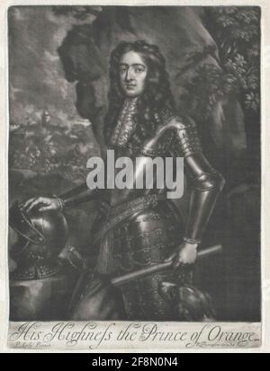 Wilhelm III., Prinz von Orania, König von England Knien stehend, halb links, Körper 3/4 von links; mit Allon Perücke, oben jabot; in Harnic; Kommandodienst links auf der linken Hüfte, über dem Kopf eines Hundes, Rechte auf dem hinterlegten Helm links im Bild, im Hintergrund rechts und zentriert Baumstamm und überwucherte Felsbrocken, linke Ansicht der Reitszene vor dem befestigten Platz; Unter der Präsentation der einzeiligen englischen Legende, der unten links Malname, rechts Verlegernotiz. Aufgabenblatt, verlagert (auch gemacht?) Von Richard Tompson, nach dem Gemälde von Peter Lely. Stockfoto