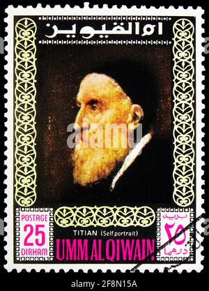 MOSKAU, RUSSLAND - 4. OKTOBER 2019: Briefmarke in Umm Al Quwain zeigt Tizian (1570), Selbstporträts der berühmten Malerserie, um 1967 Stockfoto