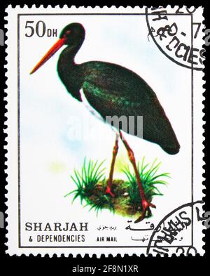 MOSKAU, RUSSLAND - 4. OKTOBER 2019: Die in Sharjah gedruckte Briefmarke zeigt Schwarzstorch (Ciconia nigra), Vogelserie, um 1972 Stockfoto