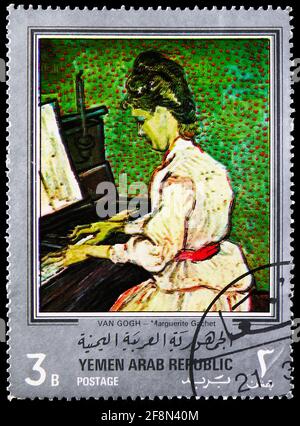 MOSKAU, RUSSLAND - 4. OKTOBER 2019: Briefmarke gedruckt in der Arabischen Republik Jemen, zeigt Marguerite Gachet am Klavier (1890), Gemälde von van Gogh, Si Stockfoto