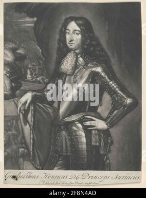 Wilhelm III., Prinz von Orania, König von England Schnellkneestick stehend, 3/4 von links; mit allon Perücke; in Harnic, mit Spitzen-Jabot, ferrand um die Taille; die linke in der linken Hüfte stielt, die Rechte auf drapierten Brett gegen den im Bild hinterlegten federgerafften Helm; hinter dieser Ansicht einer von ihm zu Pferd zitierten Kampftruppe; auf der Bordvorderseite Abbildung eines Amazonas (?) Mit Schwert und Schild; unterhalb der Darstellung des Teils. Latein. Legende; nummerierte Bezeichnung, Herausgeber und Privileg Note. Taper, hergestellt und aus Pieter Schenk, Amsterdam. Stockfoto