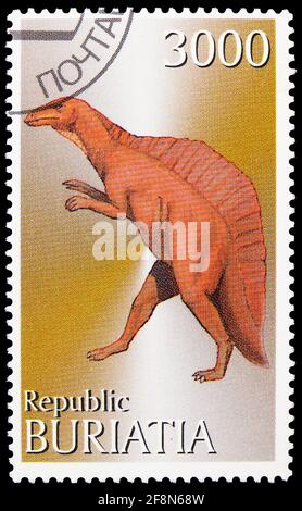 MOSKAU, RUSSLAND - 4. OKTOBER 2019: Die in Cinderellas (Burjatien, Russland) gedruckte Briefmarke zeigt Dinosaurier, Serie, um 1997 Stockfoto
