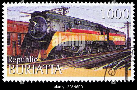 MOSKAU, RUSSLAND - 4. OKTOBER 2019: Die in Cinderellas (Burjatien, Russland) gedruckte Briefmarke zeigt Lokomotive, Serie, um 1997 Stockfoto