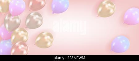 Fliegende Luftballons auf rosa Hintergrund. Komposition aus realistischen Luftballons mit Platz für Text. Feiertagsdesign für Party, Geburtstag, Jubiläum Stock Vektor