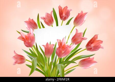 Bouquet von realistischen Tulpen mit Grußkarte auf rosa Hintergrund. Papierkarte in hellen schönen Bouquet von Tulpen Blumen und Blättern Stock Vektor