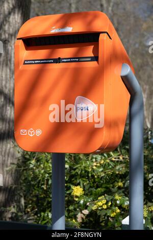 Typischer holländischer orangefarbener Briefkasten mit PostNL-Logo, der sich im Frühjahr in einer Straße entlang eines Parks mit Bäumen und Sonne befindet. Vertikales Bild Stockfoto