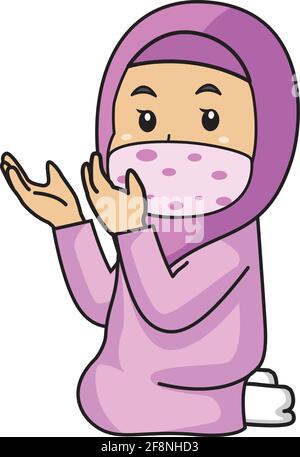 Muslimische Mädchen verwenden rosa Hemd und Hijab, beten in iftar. ramadan Nacht, mit Maske und gesunde Protocol.Vector Charakterdarstellung. Stock Vektor