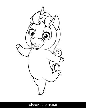 Niedliches Baby-Einhorn, das auf einem Bein steht. Vektor-Malseite. Stock Vektor