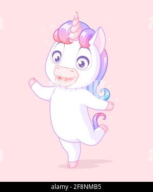 Niedliches Baby-Einhorn, das auf einem Bein steht. Vektor-Cartoon-Figur auf rosa Hintergrund. Stock Vektor