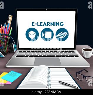 E-Learning Online Schule Vektor Banner Design. E-Learning-Text in einem Laptop mit Lernwerkzeugen wie Notebook, Kugelschreiber und Brille. Stock Vektor