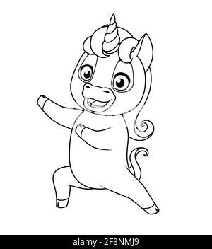 Niedliches Baby Einhorn präsentiert. Vektor-Malseite. Stock Vektor
