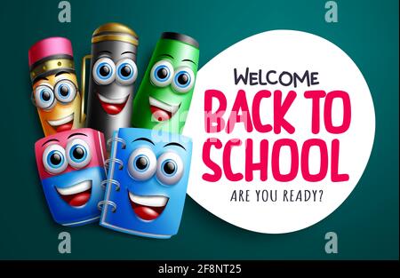 Back to School Zeichen Vektor Banner Vorlage. Willkommen zurück in der Schule Text mit pädagogischen Tools 3d-Zeichen wie Notizbuch, Radierer und Bleistift. Stock Vektor