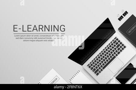 E-Learning Online Schule Vektor Banner Design. E-Learning-Text in weißem Hintergrund mit Laptop- und Telefonelementen für das Online-Lernen in der Schule. Stock Vektor