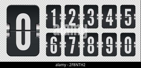 Satz von Flip-Anzeigetafel-Nummern für schwarzen Countdown-Timer oder Kalender auf transparentem Hintergrund. Vektorvorlage für Ihr Design. Stock Vektor