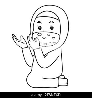 Muslimische Mädchen verwenden rosa Hemd und Hijab, beten in iftar. ramadan Nacht, mit Maske und gesunde Protocol.Vector Charakterdarstellung. Stock Vektor