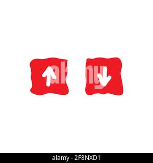 Rote Hand gezeichnet Pfeil in roten Shabby Square und roten Pfeil nach unten in roten Kreis. Flache Symbol isoliert auf weiß. Point-Down-Taste. Cartoon Zeichen gesetzt. Uplo Stock Vektor