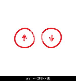 Roter handgezeichneter Pfeil im roten Kreis und roter Pfeil unten im roten Kreis. Flaches Symbol isoliert auf weiß. Point-Down-Taste. Cartoon-Zeichen gesetzt. Upload-Symbol Stock Vektor
