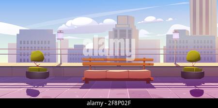 Dachterrasse mit Bank im Hintergrund mit Blick auf die Stadt. Leere Terrasse auf dem Dach des Wolkenkratzers oder Balkon mit Geländer und Topfpflanzen. Außenbereich zum Entspannen im modernen Stadtbild, Cartoon-Vektor-Illustration. Stock Vektor