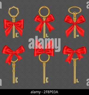 Alte goldene Schlüssel mit gebundener roter Schleife isoliert auf transparentem Hintergrund. Vektor realistische Set von Vintage dekorative goldene Schlüssel mit Band für Geschenk zum Geburtstag oder Urlaub. Konzept der Luxus-Geschenke Stock Vektor