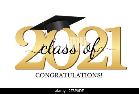 Graduation Condratulations Klasse von 2021 mit Graduation Cap Hut. Vektorgrafik Stock Vektor