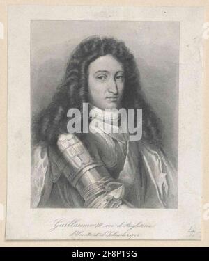 Wilhelm III., Prinz von Orania, König von England als König: Brustbild, halb rechts; mit allon Perücke, in Harnic, mit schmalen Rundkragen um den Halskreuz, religiös und Mantel um die gegenüberliegende linke Schulter; unterhalb der Darstellung von FRZ. Legende [Weitere Informationen werden getrimmt; Zitate nach FKB * 4296, Bd. XI, bis Abbildung 2398]. Stahlstich [von Lazarus Gottlieb Falzling nach Zeichnung von Auguste Sandoz, zurück zu einem Gemälde von Jean François Gigoux nach einem Porträt in der Sammlung von Château de Beauregard; Diagraf und Pantograph von Charles Gavard. Von der 'Gall Stockfoto