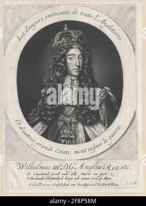 Wilhelm III., Prinz von Orania, König von England als König von England in Kronornat: Fast halbe Figur, Gesicht von rechts, Körper etwas von links; mit Krone auf allon Perücke; Lacy jabot; Helmelin-besetzter Mantel und Collanes der Hosenbandordnung; In weiß, beidseitig eines ovalen Rahmens mit zwei aufsteigenden franz. Verse in der oberen und unteren Hälfte; rechteckige Außenfelder hell beschädigt; unterhalb der Darstellung einzeilig lat. Legende über zweizeilige Holländer. Verse; in der unteren Zeile links Stecher- und Termzeitung, rechte Vormerkung der Stände von Holland und Westfriesland. Stockfoto