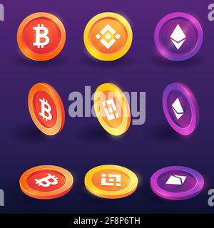 Kryptowährung, Bitcoin, Binance und Ethereum Token 3D, isometrischer Konzeptvektor auf dem Hintergrund Stock Vektor