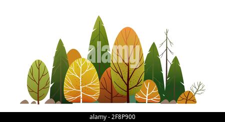 Waldlandschaft, Park mit grünen Bäumen, Gasse und Laub im Sommer. Reihe von Bäumen und Sträuchern. Cartoon Vektorgrafik isoliert auf weißem Hintergrund Stock Vektor