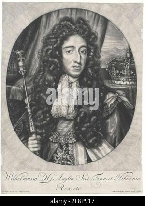 Wilhelm III., Prinz von Oranien, König von England als König von England in Kronornat: Fast halbe Figur, Gesicht von rechts; mit Allon Perücke, Oberteil jabot; Collanes, religiöses Band, Mantelneigung der Hosenbandordnung; Zepter rechts, hinter ihm auf durchgehendem Bordrand eine ausreichende Draperie, links vom Orbis, rechts die Krone vor dem Blick auf die Berglandschaft gefeilt; in getrimmter, hell abgekratzter ovaler Rahmung, in gleicher Helligkeit die rechteckigen Außenecken; unterhalb der Darstellung zweizeilig. Lat. Legende, auf dem linken Namen des Künstlers & Verlegers, rechts privilegierte Note des Stals Stockfoto