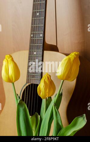 Blumenstrauß und eine akustische Gitarre auf braunem Hintergrund. Drei gelbe Tulpen aufrecht. Verblassende Popularität, vergessener Ruhm Konzept. Stockfoto