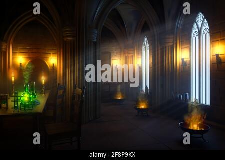 Geheimnisvolles gotisches Alchemist-Labor in der Nacht mit den Mondlichtschienen. 3D-Illustration mit digitalem Nachprozess der Malerei.