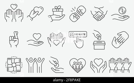 Symbol für wohltätige Zwecke eingestellt. Sammlung von Spenden, Freiwilligen, Hoffnung und mehr. Bearbeitbare Kontur. Stock Vektor